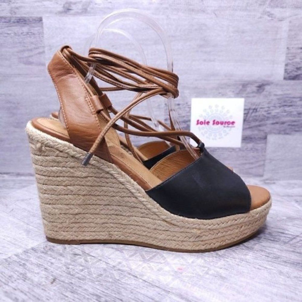 Coach Dana Open Toe Ankle Wrap Espadrille Wedge Sandal Black Brown Women's 9.5